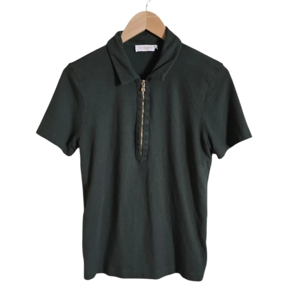 Tory Burch Dark Green Short-Sleeve Polo with Gold Zip